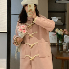 批发日系牛角扣呢子大衣女2026新款早秋加厚高级感小个子驼色毛呢外套