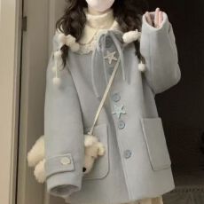 批发小个子蓝色超级好看毛呢外套女2026春秋高级感蝴蝶结短款呢子大衣