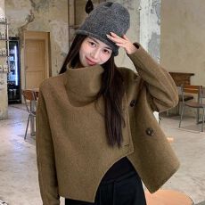 批发2026春秋冬季棕色小香风短款毛呢外套女小个子高领排扣气质大衣潮