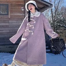 批发紫色牛角扣毛领加绒加厚毛呢外套女设计感秋冬新款中长款呢子大衣
