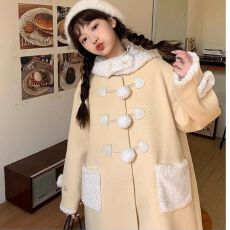批发黄色毛毛球球毛呢外套<b class='q'>女</b>秋冬中长款牛角扣呢子<b class='q'>大</b>衣设计感小众气质