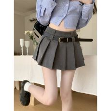 批发TR纬弹】<b class='q'>高腰</b>洋气百搭送腰带百褶裙显瘦A字<b class='q'>半身裙</b>辣妹短裙子