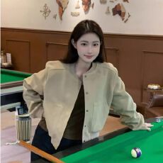批发美式复古灰色短款棒球服外套女春秋款设计感小众宽松休闲夹克上衣