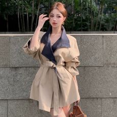 批发原版做法气质撞色中长款<b class='q'>风衣</b>外套<b class='q'>女</b>新款韩版系带收腰显瘦时尚<b class='q'>大</b>衣