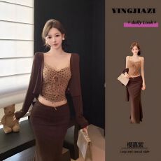 批发<b class='q'>套装</b>女2026春夏季新款蕾丝波点背心长袖开衫鱼尾裙半身裙子三件套