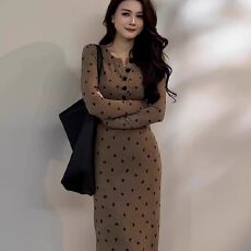批发知性女装轻熟秋季纽扣圆领长袖连衣裙子绝美修身包臀碎花<b class='q'>长裙女</b>