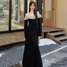 批发千金风设计感蕾丝翻领后背交叉绑带收腰连衣裙秋新款轻奢贵气<b class='q'>长裙</b>