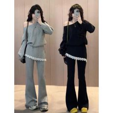 批发仿棉斜纹拉架250克】秋季时尚套装女设计感露肩上衣微喇裤两件套