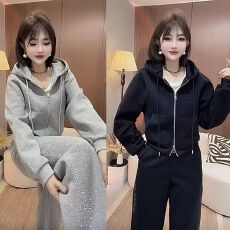 批发仿棉斜纹拉架250克】运动套装女春秋连帽撒星镶钻休闲长裤两件套