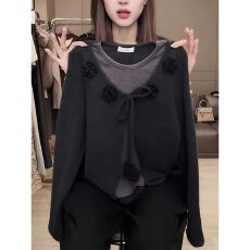 批发韩式立体花朵系带假两件长袖T恤女秋冬季洋气内搭打底衫<b class='q'>大码</b>上衣