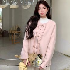 批发秋冬季新中式国风高级感粉色双面呢大衣女短款小个子洋气毛呢外套