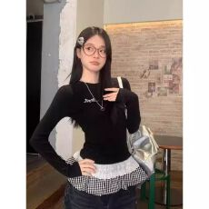 批发黑色拼接<b class='q'>荷叶边</b>格子长袖t恤女2026秋季新款蝴蝶结收腰打底衫上衣