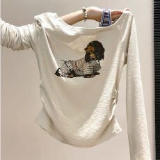 批发人棉260g】韩系小狗<b class='q'>印花</b>斜肩长袖T恤女26秋季新款独特假两件上衣