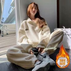 批发加绒华夫格400克】加绒加厚运动<b class='q'>套装</b>女秋冬季宽松时尚<b class='q'>休闲</b>两件套
