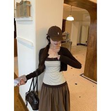批发1*1 260克莫代尔】韩版开衫外套辣妹修身显瘦条纹吊带背心两件套