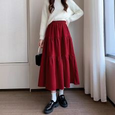 批发酒红色蛋糕半身裙女2026新款春秋高腰a字中长款小个子蛋糕裙半裙