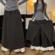 批发立体腰】蕾丝花边阔腿裤<b class='q'>女</b>秋冬季2026新款小个子高腰宽松拼接<b class='q'>裙裤</b>