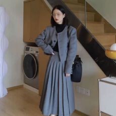 批发韩版呢子套装女秋冬新款学院风<b class='q'>西装外套</b>+设计感不规则中长裙
