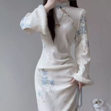 批发粉色旗袍气质倒大袖冬季新款少女日常掐腰显瘦加绒<b class='q'>连衣裙</b>订婚领证