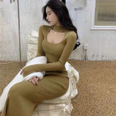 批发女人味高领镂空性感显胸显身材内搭<b class='q'>连衣裙</b>修身显瘦打底包臀长裙子