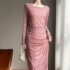 批发时尚波点印花长袖<b class='q'>连衣裙</b>女轻薄高腰显瘦A字裙收腰气质百搭包臀裙