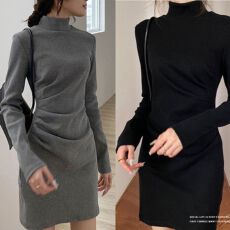 批发法式名媛高领打底<b class='q'>连衣裙</b>女秋冬气质褶皱修身收腰显瘦内搭包臀裙子