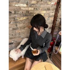批发原版品质】高智感条纹拼接假两件T恤衬衫领收腰显瘦长袖上衣