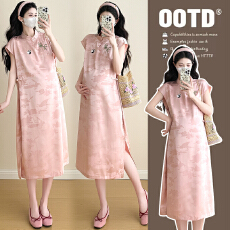 批发实拍孕妇夏装国风新中式连衣裙潮改良<b class='q'>宽松</b>显瘦高级感开叉旗袍