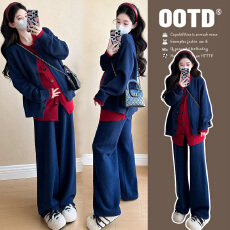 批发实拍孕妇秋冬套装慵懒风简约撞色拼接毛衣阔腿针织长裤两件套