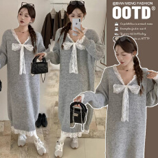 批发实拍孕妇秋冬慵懒风蝴蝶结蕾丝系带针织连衣裙显瘦软糯打底毛衣潮