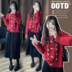 批发孕妇秋冬毛衣套装盐系穿搭高级感外套两件套百褶针织连衣裙潮