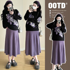 批发实拍孕妇秋冬套装高级感小香风毛衣潮妈两件套半身裙一整套穿搭潮