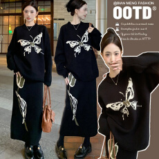 孕妇秋冬新款国风新中式蝴蝶卷边套头针织毛衣半身裙两件毛衣套装