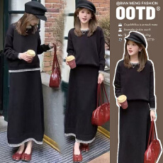 批发孕妇秋冬毛衣套装慵懒风别致针织上衣潮妈两件套气质显瘦半身裙