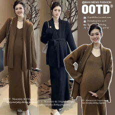 批发孕妇秋冬毛衣套装新款小香风针织开衫外套两件套显瘦吊带连衣裙潮