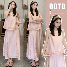 批发孕妇夏装新款套装花边拼接时尚百搭洋气背心上衣两件套气质半身裙