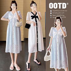 批发实拍<b class='q'>孕妇</b><b class='q'>夏装</b>新款V领蕾丝镂空<b class='q'>连衣裙</b>辣妈甜美显瘦蝴蝶结仙女裙潮