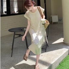 批发孕法式高级感镂空流苏短袖连衣裙潮妈<b class='q'>夏</b>季温柔气质显瘦假两件长裙