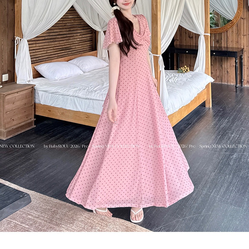 2026 여름 새로운 패션 임산부 달콤함 요정 가스 도트 무늬 연령 감소 빅 사이즈 작은 청신 품격 드레스