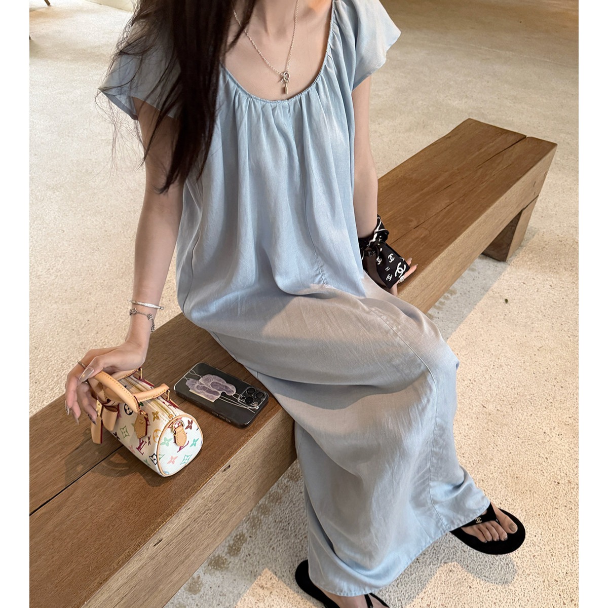 2026 여름 새로운 패션 임산부 주간 실크 아마 작은 날다 소매 전후 대 u 칼라 익스트림 제인 바람 루즈핏 드레스