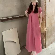孕妇夏季新款法式慵懒风精致粉色短袖连衣新款度假风减龄休闲长裙