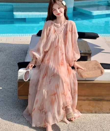 임산부 가을 의상 휴가 바람 분말 색 후광 염색 긴팔 드레스 섹션 해변가 해변 A라인 스커트 부드러운 낭만주의 바람