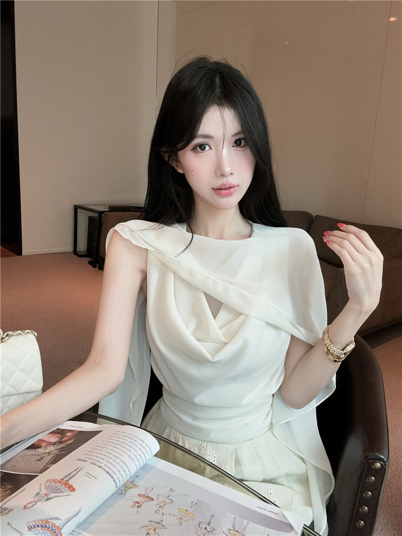 실사 정가 프랑스식 부드러운 흔들다 칼라 중상 중상 패치워크 거즈 숄 작은 셔츠 페이크 레이어드