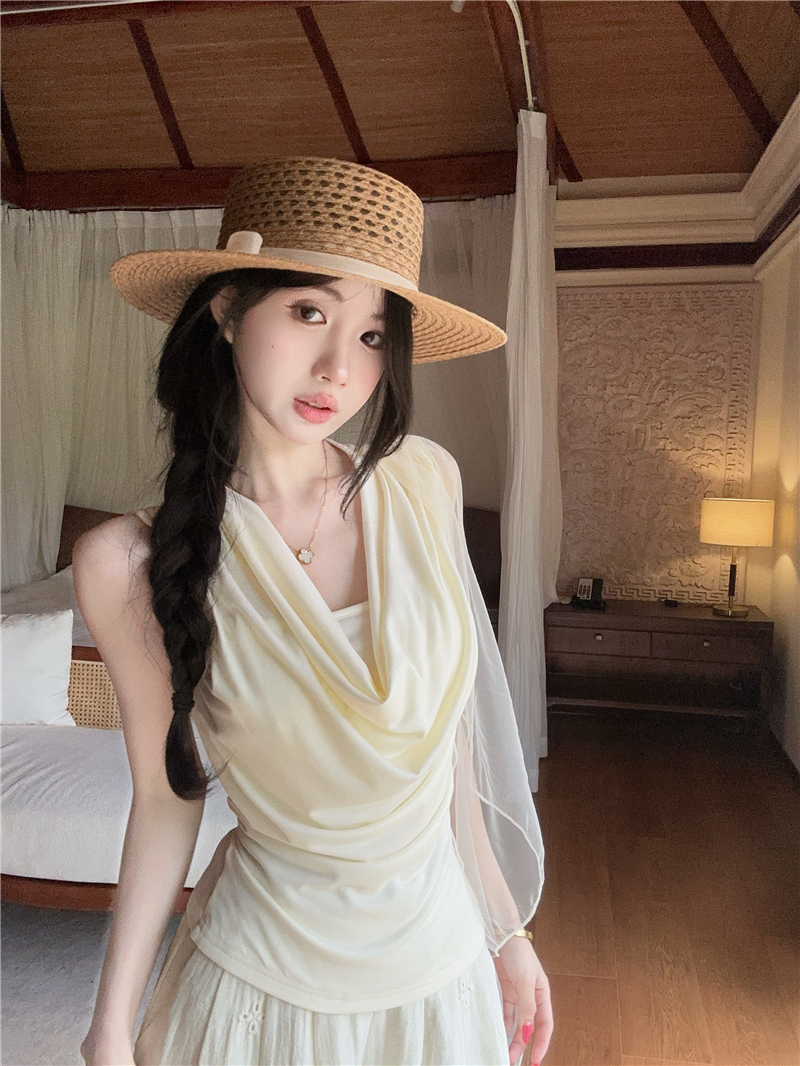 실사 정가 프랑스식 부드러운 바람 흔들다 칼라 리본 불규칙 허리 수축 맨위