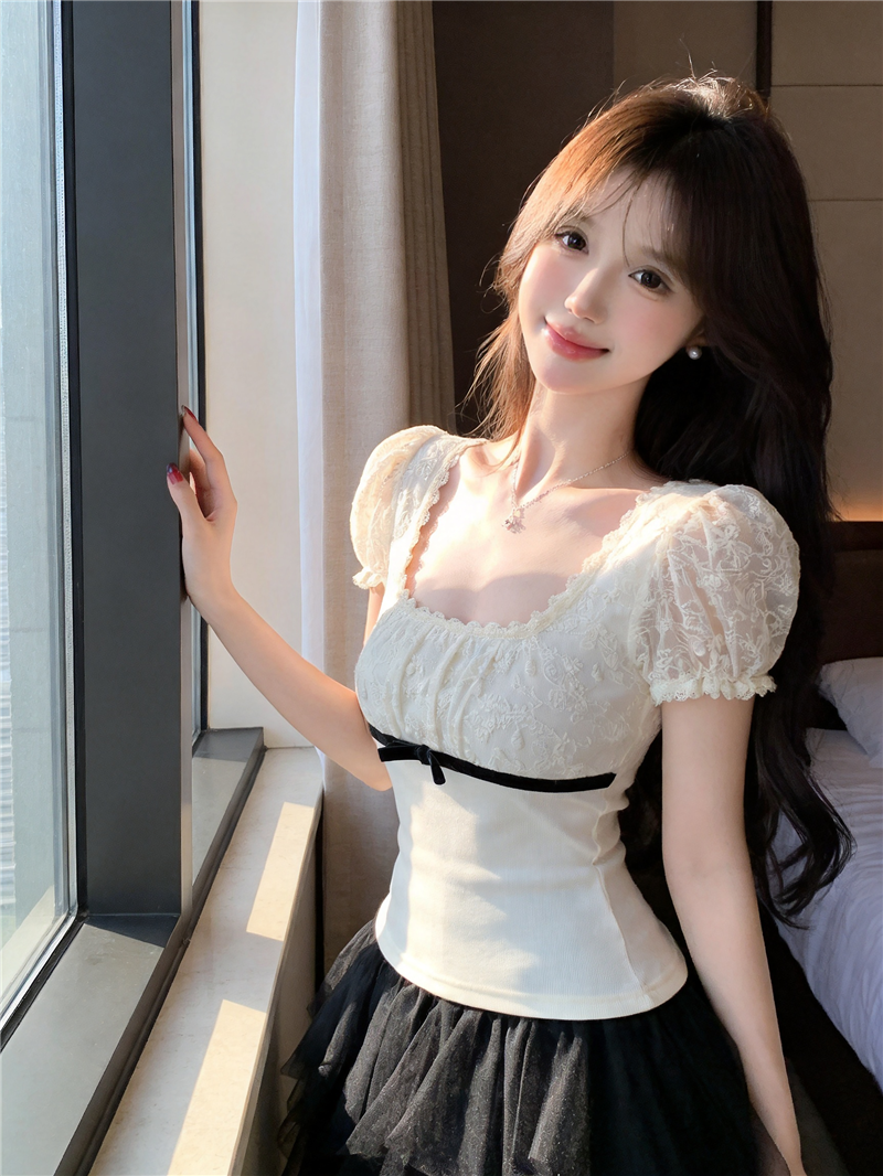 실사 정가 한 부서 레이스 버블 반팔 티셔츠 여성