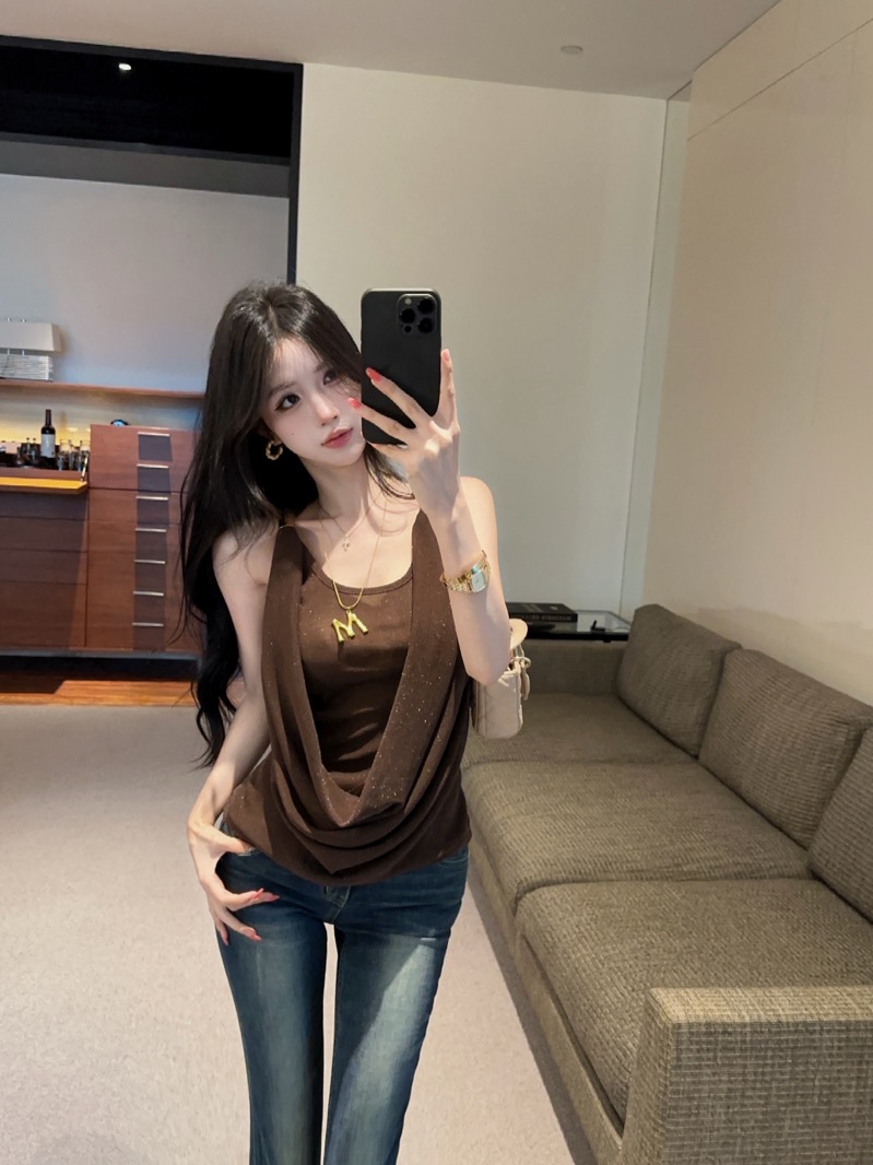 실사 정가 커피 색상 흔들다 칼라 품격 캐미솔 여름 순수한 욕망 바람 슬림해 보이는 민소매 맨위