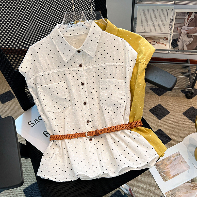 RY70145# 黄色波点Polo领坎肩衬衫女夏款垫肩设计感小飞袖上衣