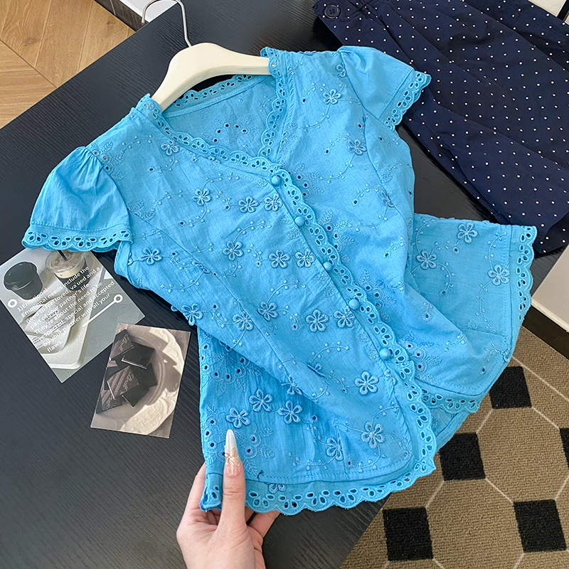 RY70148# 韩系蕾丝碎花刺绣短袖衬衫女夏季新款小众设计感减龄短款上衣2025