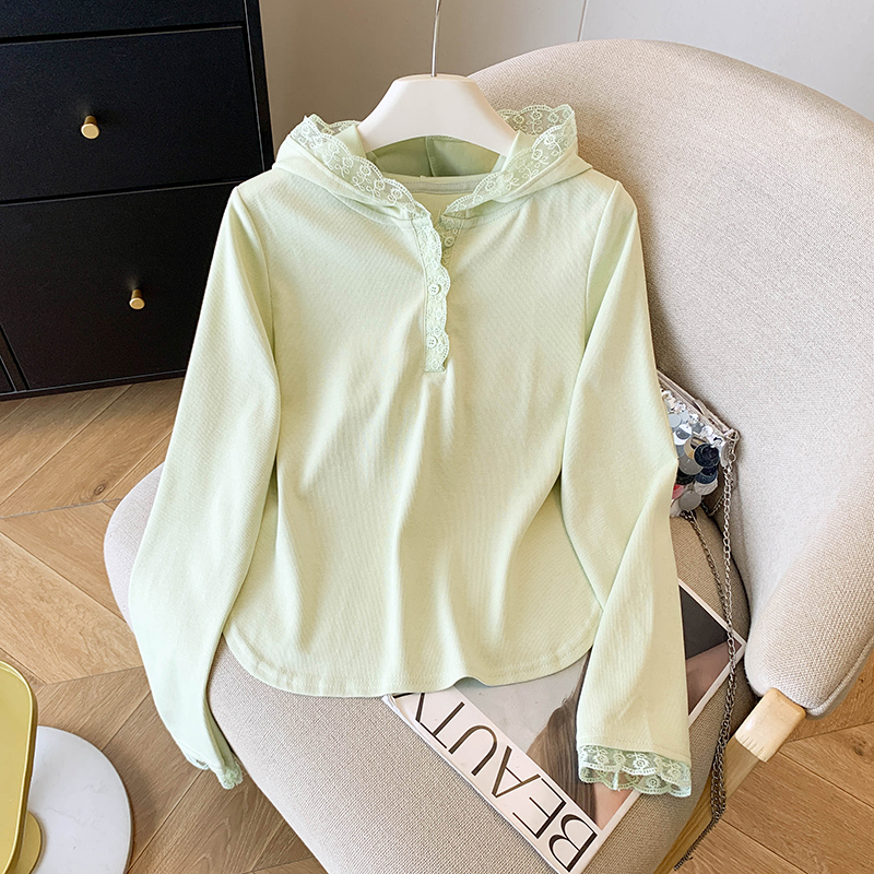 RY70150# 设计感长袖T恤女2025春秋新款百搭蕾丝拼接连帽卫衣上衣