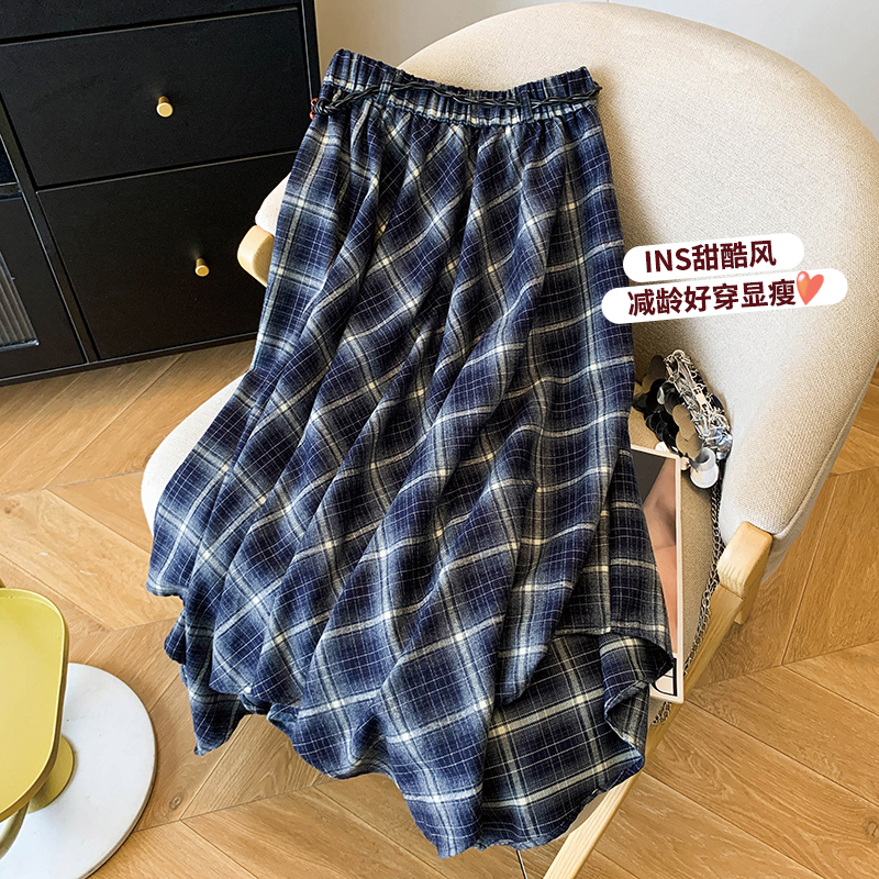 MY12781# 复古时尚气质高级感不规则半身裙女秋季美拉德格纹腰带a字中...